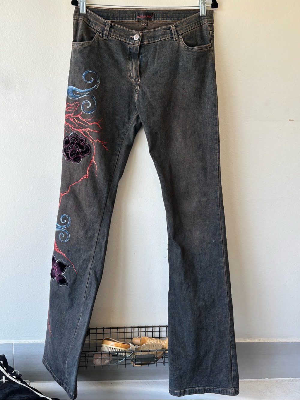 Carla G. Painted Italian Black Women’s Jeans with Floral Accent